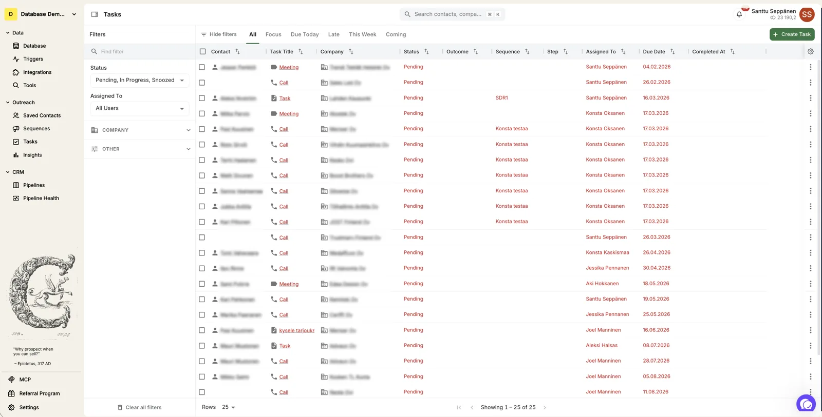 The Clevenio tasks view: the sales team's calls and meetings in one list.